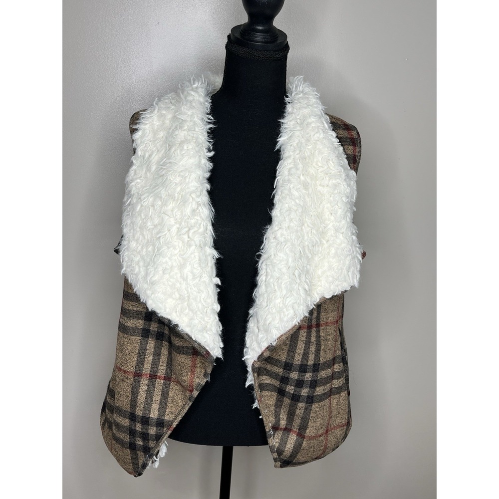 JODIFL Women's Plaid Open Front Vest Faux Sherpa With Pockets Size Small